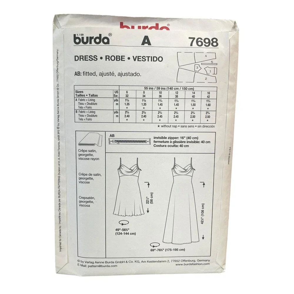 Burda 7698 Dress Sewing Pattern Sizes 6-16 Fitted Style